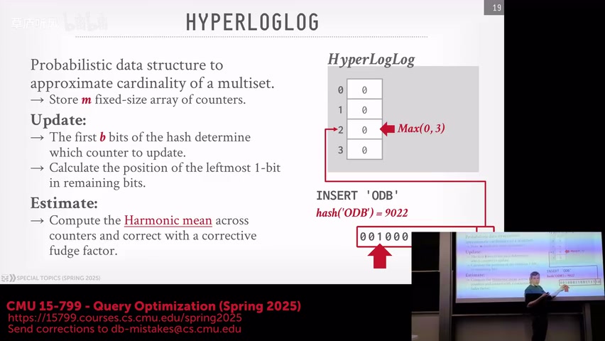 HyperLogLog 的寄存器与哈希位,课程视频 50:30